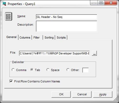 Screenshot of Properties - Query1 window of the Header Source Query without Sequence.